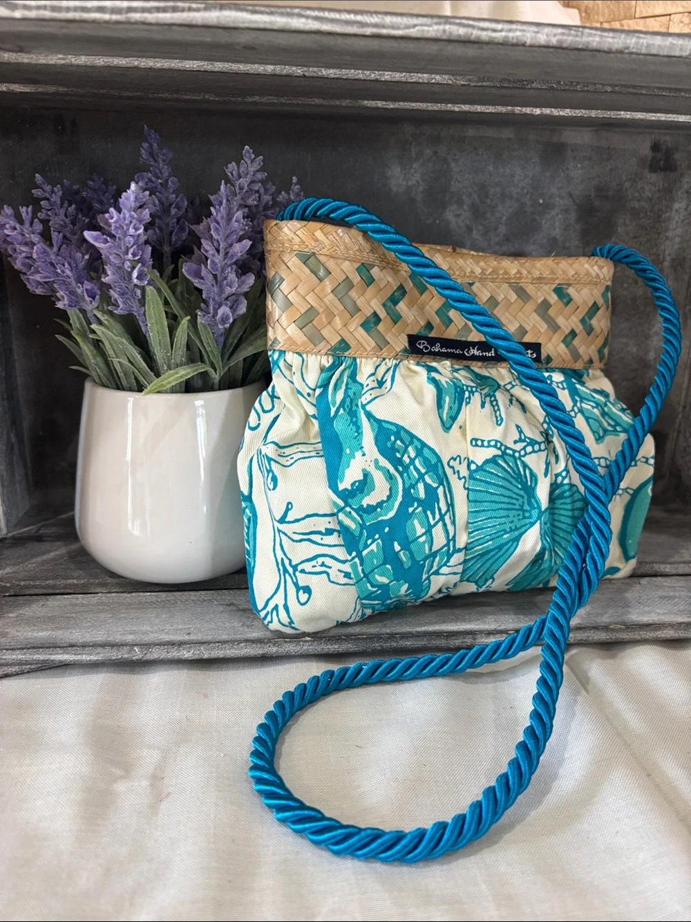Teal Shell-Print Straw-Trim Crossbody Bag